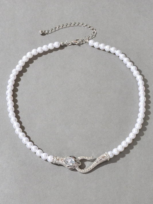 Punk Retro Pearl Beads Chain Gold Silver Snake Short Clavicle Statement Necklace