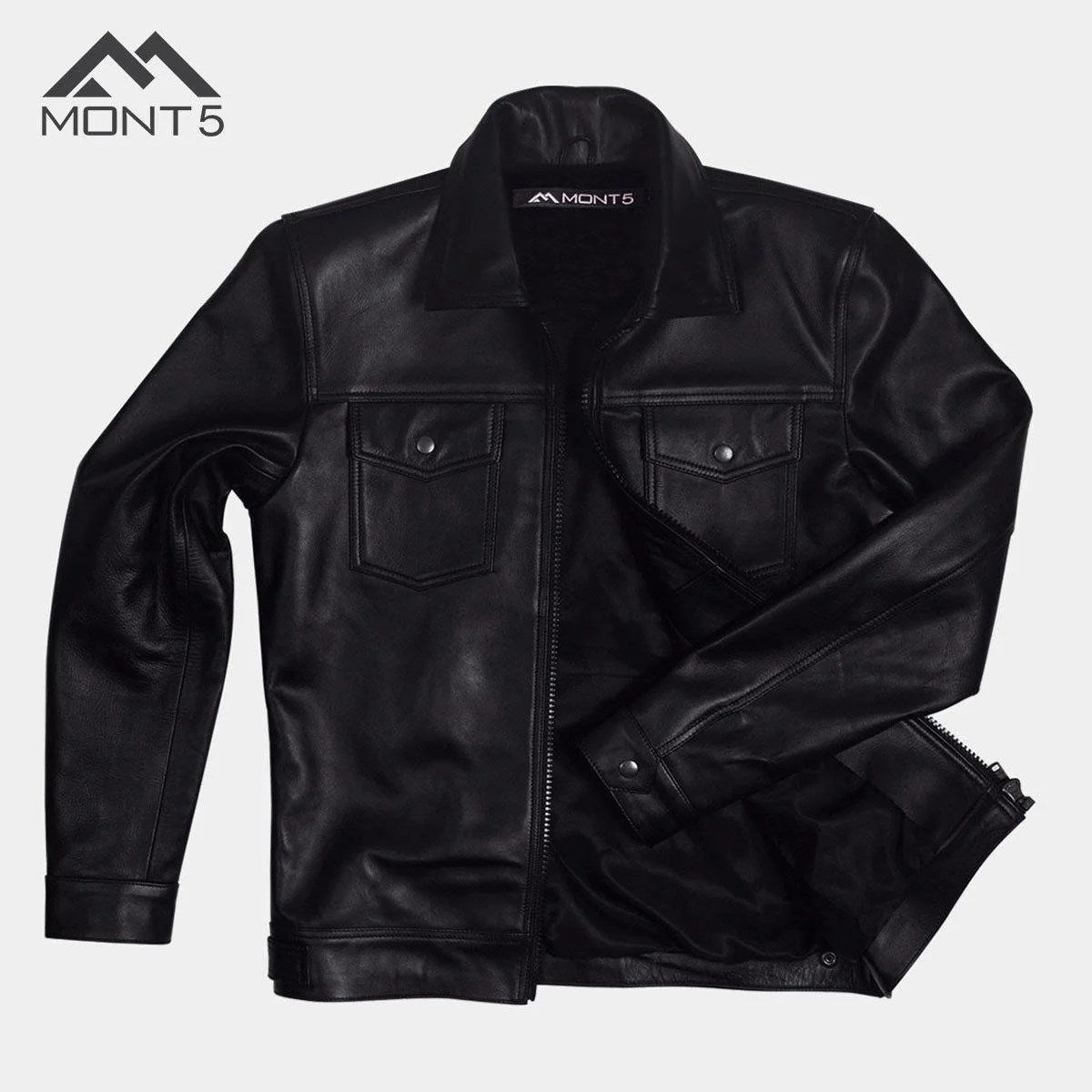 MONT5 Diran Men Black Classic Leather Jacket with Shirt Collar