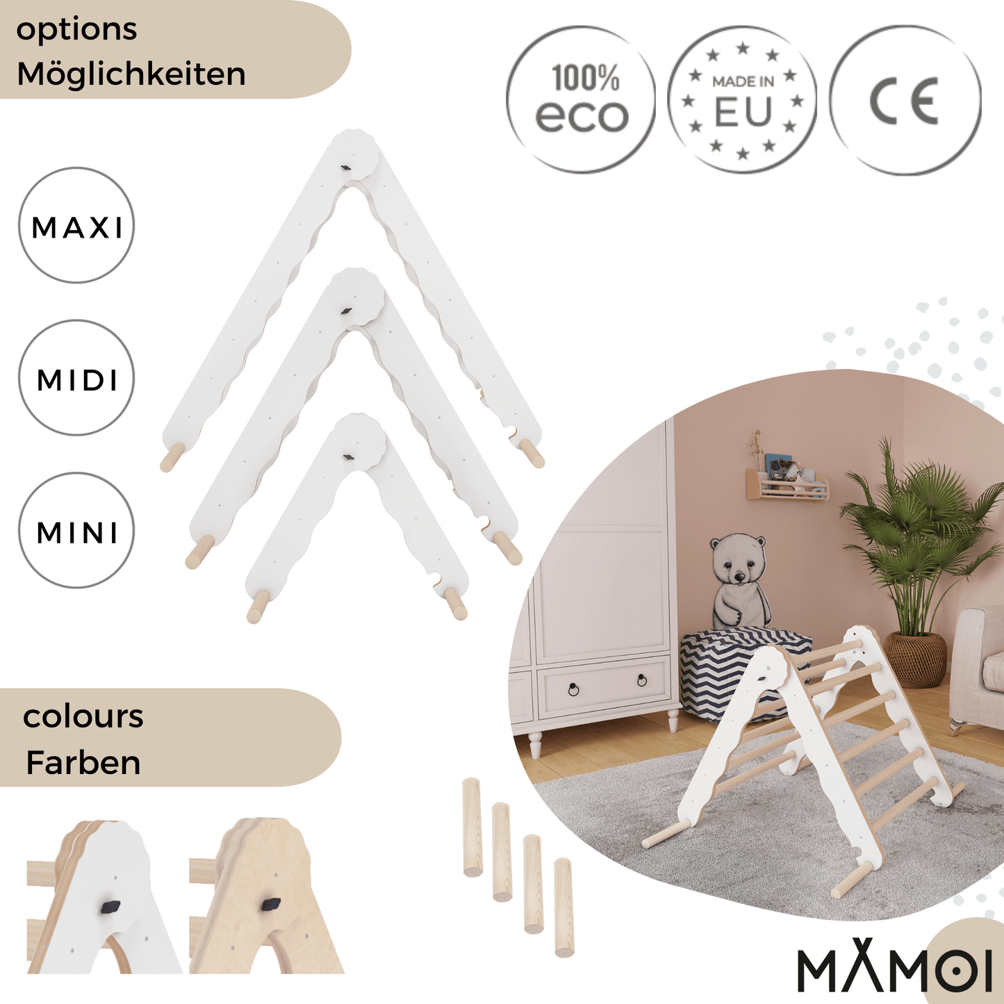 MAMOI® Triangle descalade interieur pour enfant, Mur escalade intérieur en bois pour bebe à partir de 1/2/3 an, Motricité libre montessori