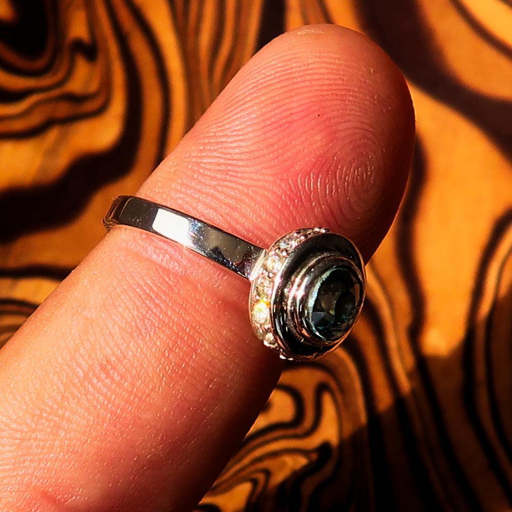 Sterling Silver Solitaire Ring with oval Cut Blue Zircon and 15 CZ - Size 6.5