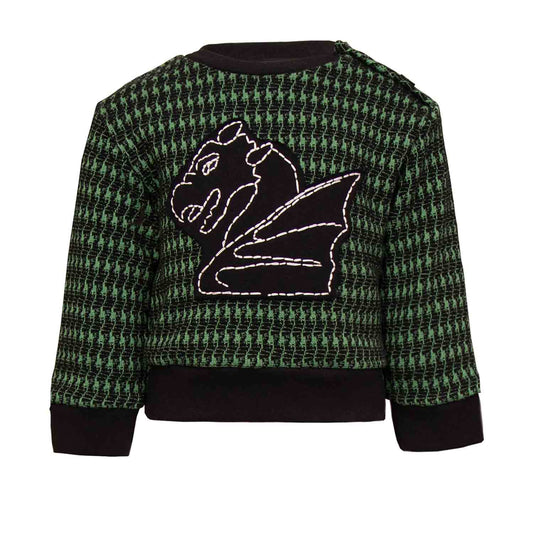Black and green pied de poule Baby Sweatshirt with Dragon Appliqué