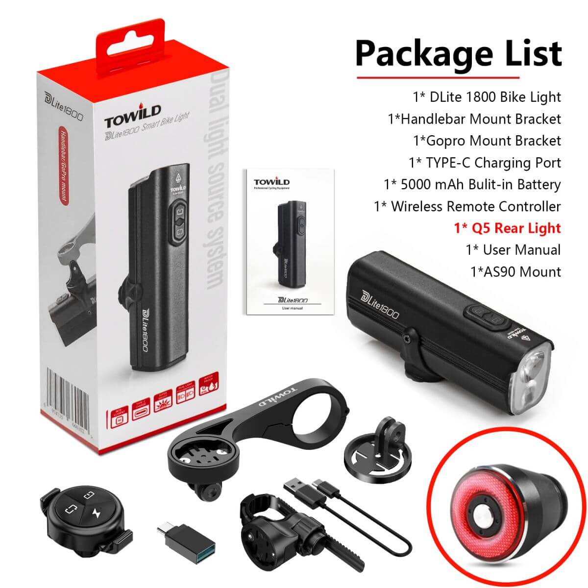 TOWILD Dlite 1800 Lumens Rechargeable Bike Front Light