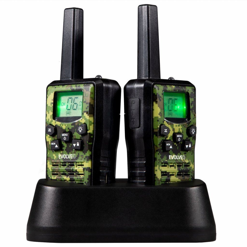 Komplettset aus 2 EVOLVEO FreeTalk 2W Walkie-Talkies PMR, Reichweite 15 km, Basisstation, 5 Kanäle 446 MHz/0,5 W, 3 Kanäle 448 MHz/2 W, Batterie 1300 mAh BL-5C, Clip für den Gürtel, Fenster (SGWFT-2W)