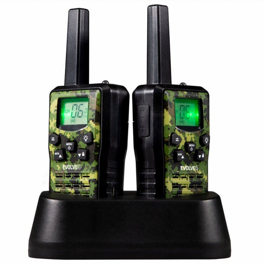 Komplettset aus 2 EVOLVEO FreeTalk 2W Walkie-Talkies PMR, Reichweite 15 km, Basisstation, 5 Kanäle 446 MHz/0,5 W, 3 Kanäle 448 MHz/2 W, Batterie 1300 mAh BL-5C, Clip für den Gürtel, Fenster (SGWFT-2W)