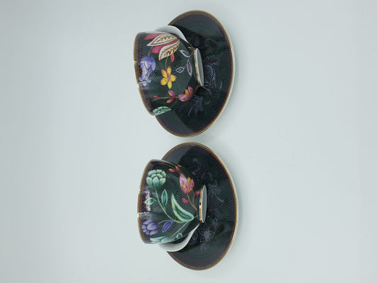 ESPRESSO Tasse, Tee-Tasse und Untertasse schwarz, Porzellan-Tassen-Set, Handgefertigte Kaffee-Tassen, Geschenk für Teeliebhaber, Willkommensgeschenk, Braut-Tee-Tasse, Set von 2