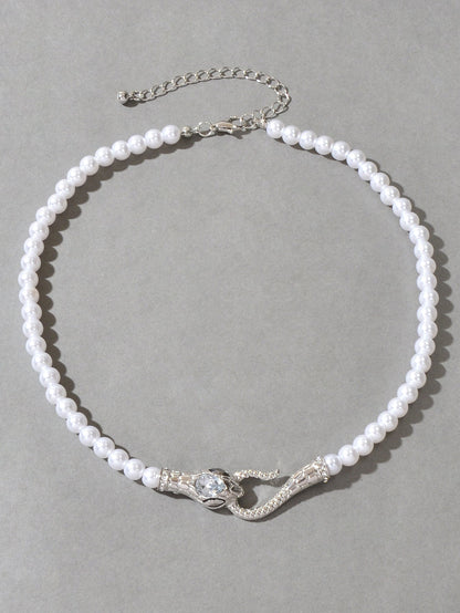 Punk Retro Pearl Beads Chain Gold Silver Snake Short Clavicle Statement Necklace