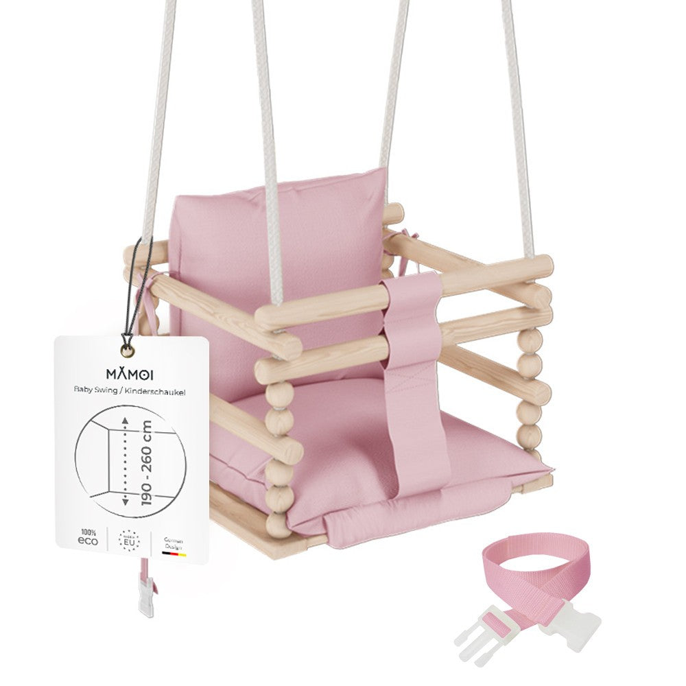 MAMOI® Huśtawka dziecięca 3 w 1 + PAS BEZPIECZEŃSTWA | Regulacja wysokości 190-260cm | Drewniana huśtawka dla dzieci | Wewnętrzna huśtawka dla dzieci do domu | CE | 100% ECO | Wyprodukowano w UE