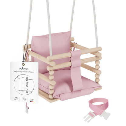 MAMOI® Huśtawka dziecięca 3 w 1 + PAS BEZPIECZEŃSTWA | Regulacja wysokości 190-260cm | Drewniana huśtawka dla dzieci | Wewnętrzna huśtawka dla dzieci do domu | CE | 100% ECO | Wyprodukowano w UE