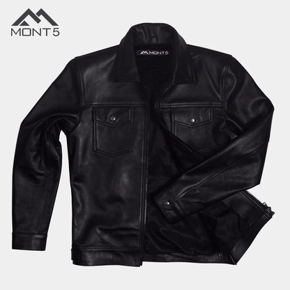 MONT5  Diran Men Black Classic Leather Jacket with Shirt Collar