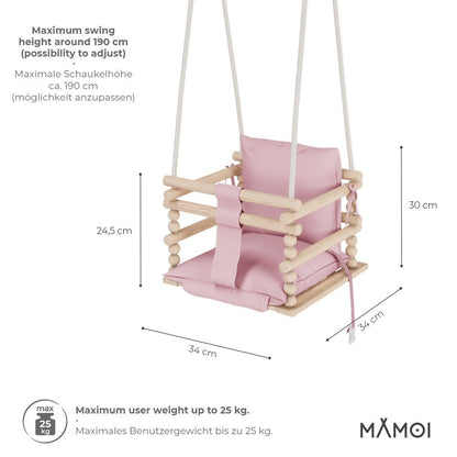 MAMOI® Huśtawka dziecięca 3 w 1 + PAS BEZPIECZEŃSTWA | Regulacja wysokości 190-260cm | Drewniana huśtawka dla dzieci | Wewnętrzna huśtawka dla dzieci do domu | CE | 100% ECO | Wyprodukowano w UE