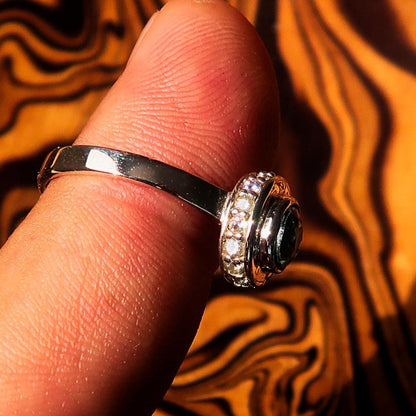 Sterling Silver Solitaire Ring with oval Cut Blue Zircon and 15 CZ - Size 6.5