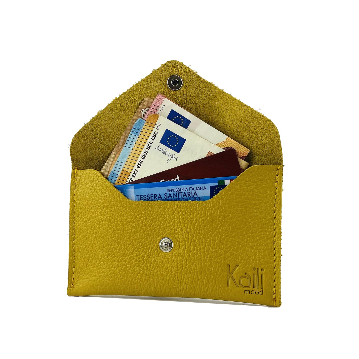 K0040RB | Made in Italy flap pouch in genuine full-grain leather, dollar grain - Yellow color - Size: 13 x 8 x 0.5 cm - Package: Hard bottom/cover Gift Box