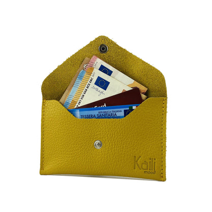K0040RB | Made in Italy flap pouch in genuine full-grain leather, dollar grain - Yellow color - Size: 13 x 8 x 0.5 cm - Package: Hard bottom/cover Gift Box
