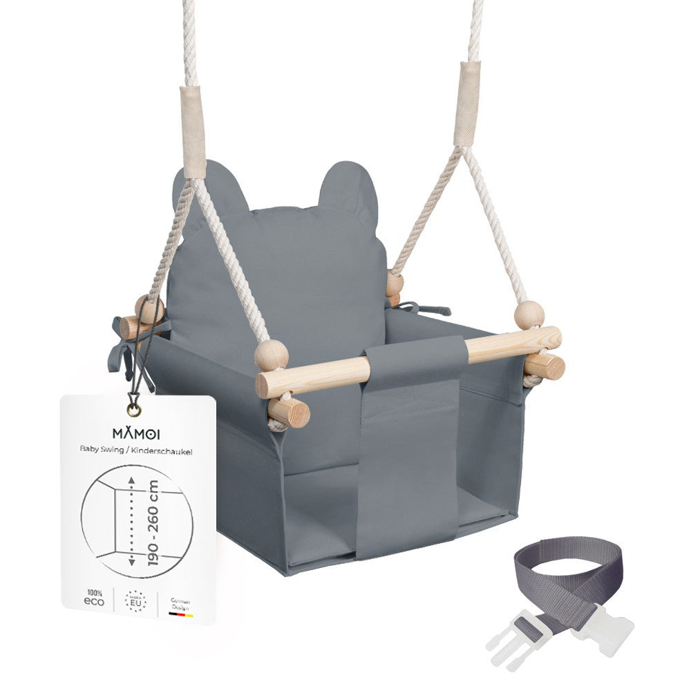 MAMOI® Drewniana huśtawka dla dzieci + PAS BEZPIECZEŃSTWA | Regulacja wysokości 190-260cm | Huśtawka do domu Huśtawka dziecięca | Wewnętrzna huśtawka dla dzieci | CE | 100% ECO | Wyprodukowano w UE