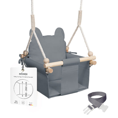 MAMOI® Drewniana huśtawka dla dzieci + PAS BEZPIECZEŃSTWA | Regulacja wysokości 190-260cm | Huśtawka do domu Huśtawka dziecięca | Wewnętrzna huśtawka dla dzieci | CE | 100% ECO | Wyprodukowano w UE