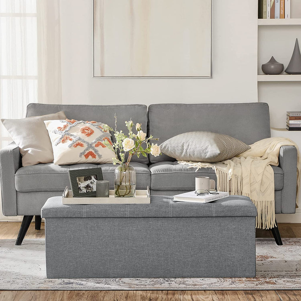 Puff, összecsukható tárolópad ottomán, 110 x 38 x 38 cm, világosszürke