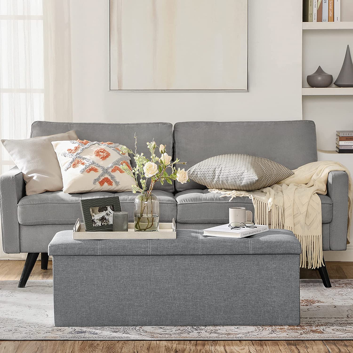 Puff, összecsukható tárolópad ottomán, 110 x 38 x 38 cm, világosszürke