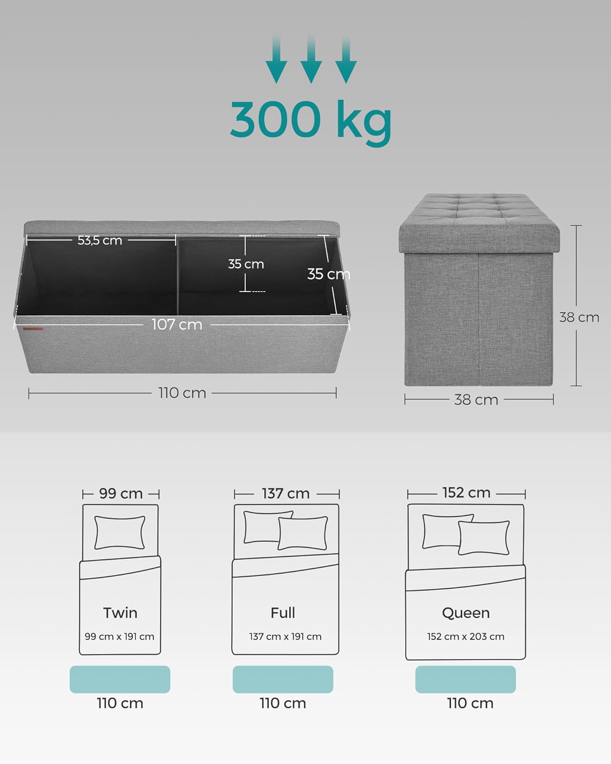 Puff, összecsukható tárolópad ottomán, 110 x 38 x 38 cm, világosszürke