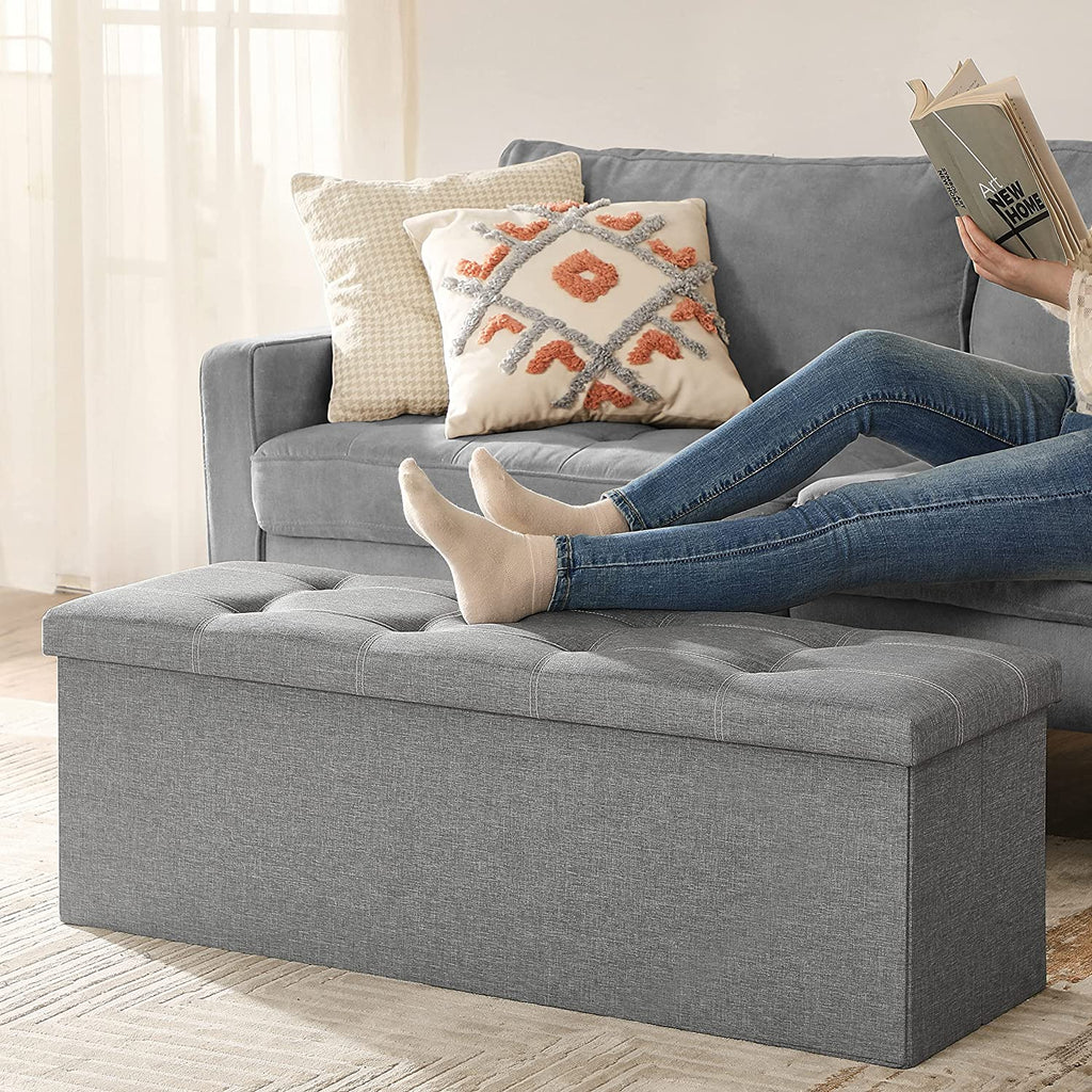 Puff, összecsukható tárolópad ottomán, 110 x 38 x 38 cm, világosszürke