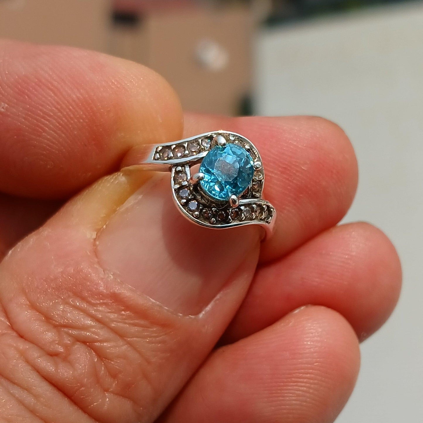 Natural Blue Zircon Ring, Handmade silver ring, Sterling Silver Ring, Solitaire Ring, oval Cut Blue Zircon and 4 CZ, Gift - Size 6