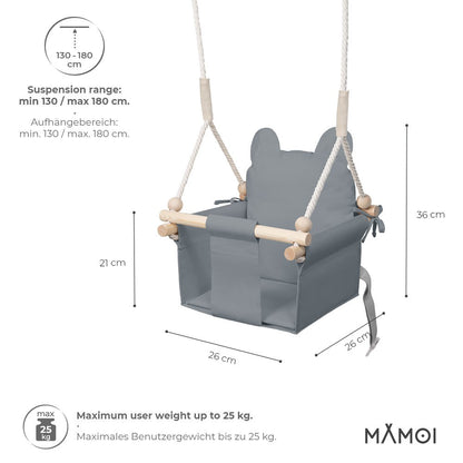 MAMOI® Drewniana huśtawka dla dzieci + PAS BEZPIECZEŃSTWA | Regulacja wysokości 190-260cm | Huśtawka do domu Huśtawka dziecięca | Wewnętrzna huśtawka dla dzieci | CE | 100% ECO | Wyprodukowano w UE