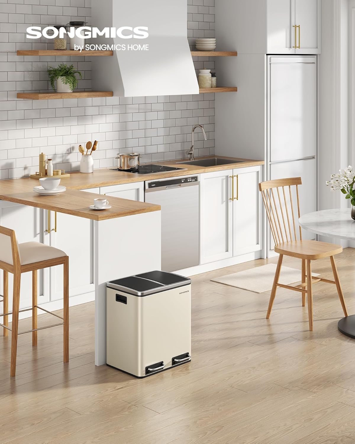 Songmics konyhai szemetes, 2 x 15 literes dupla kuka szelektív hulladékgyűjtéshez, homokbézs és fekete színben