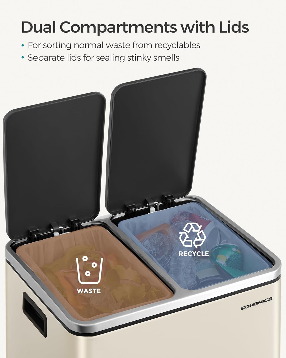 Songmics konyhai szemetes, 2 x 15 literes dupla kuka szelektív hulladékgyűjtéshez, homokbézs és fekete színben