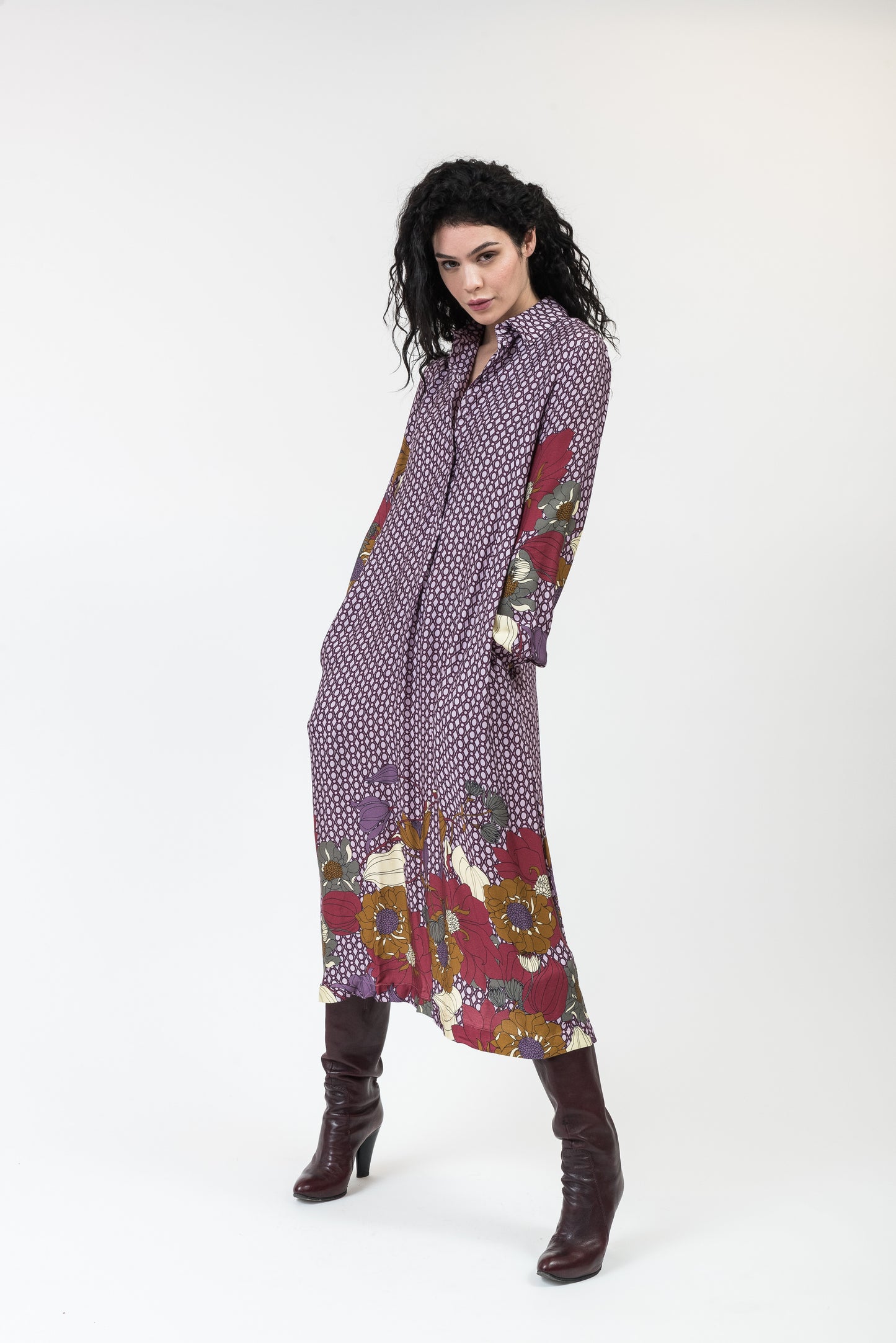 Fuchsia Long Winter Chemise Dress with long sleeves and flowers pattern