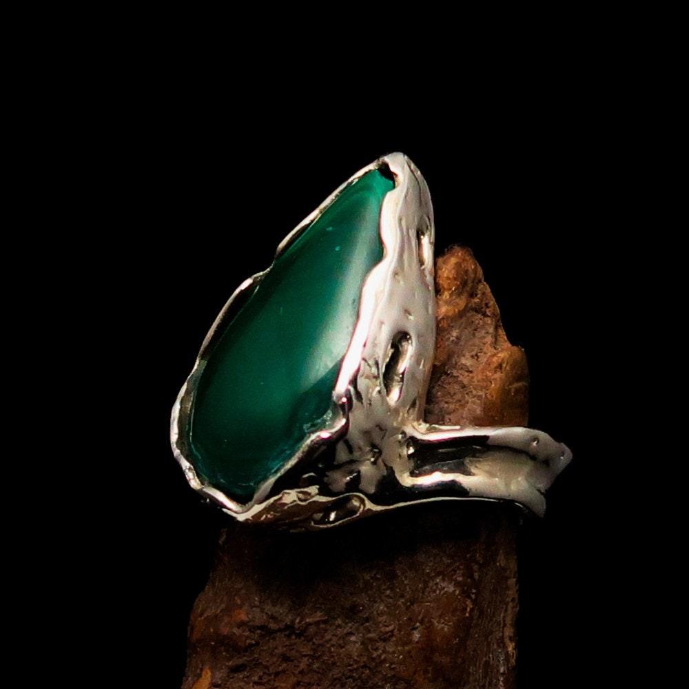 Malachite Silver Ring, Artwork Sterling Silver Ring, Green Pear Malachite, handmade silver ring, Unique Design, gift for her - Size 9