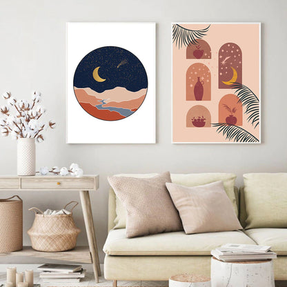 Poster Boho Sonne Botanik Blätter | Bilder Wohnzimmer | Wandbilder Schlafzimmer | Deko Print ohne Rahmen | Bilder Set Kunstdruck