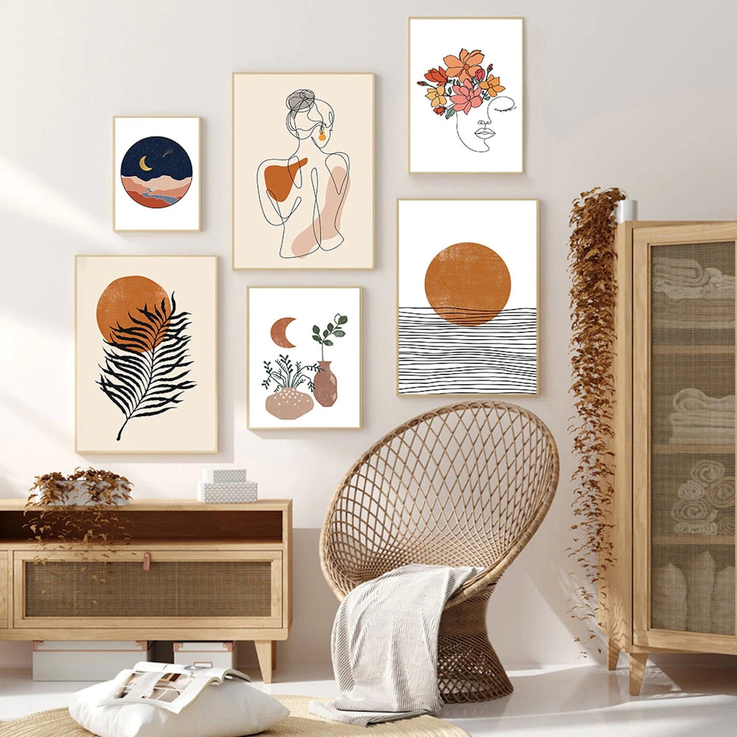 Poster Boho Sonne Botanik Blätter | Bilder Wohnzimmer | Wandbilder Schlafzimmer | Deko Print ohne Rahmen | Bilder Set Kunstdruck