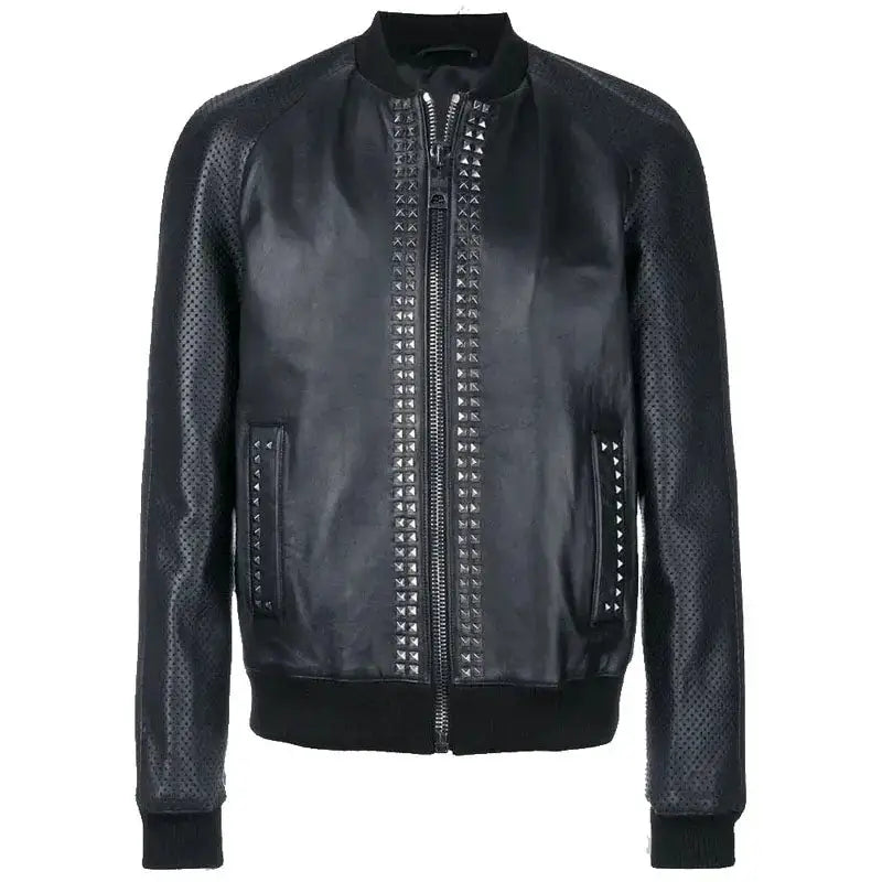 Mens Studded Leather Bomber Jacket