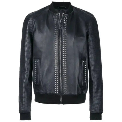 Mens Studded Leather Bomber Jacket