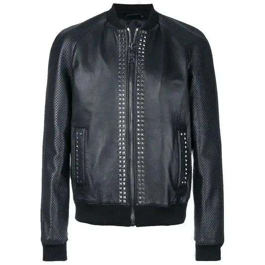 Mens Studded Leather Bomber Jacket