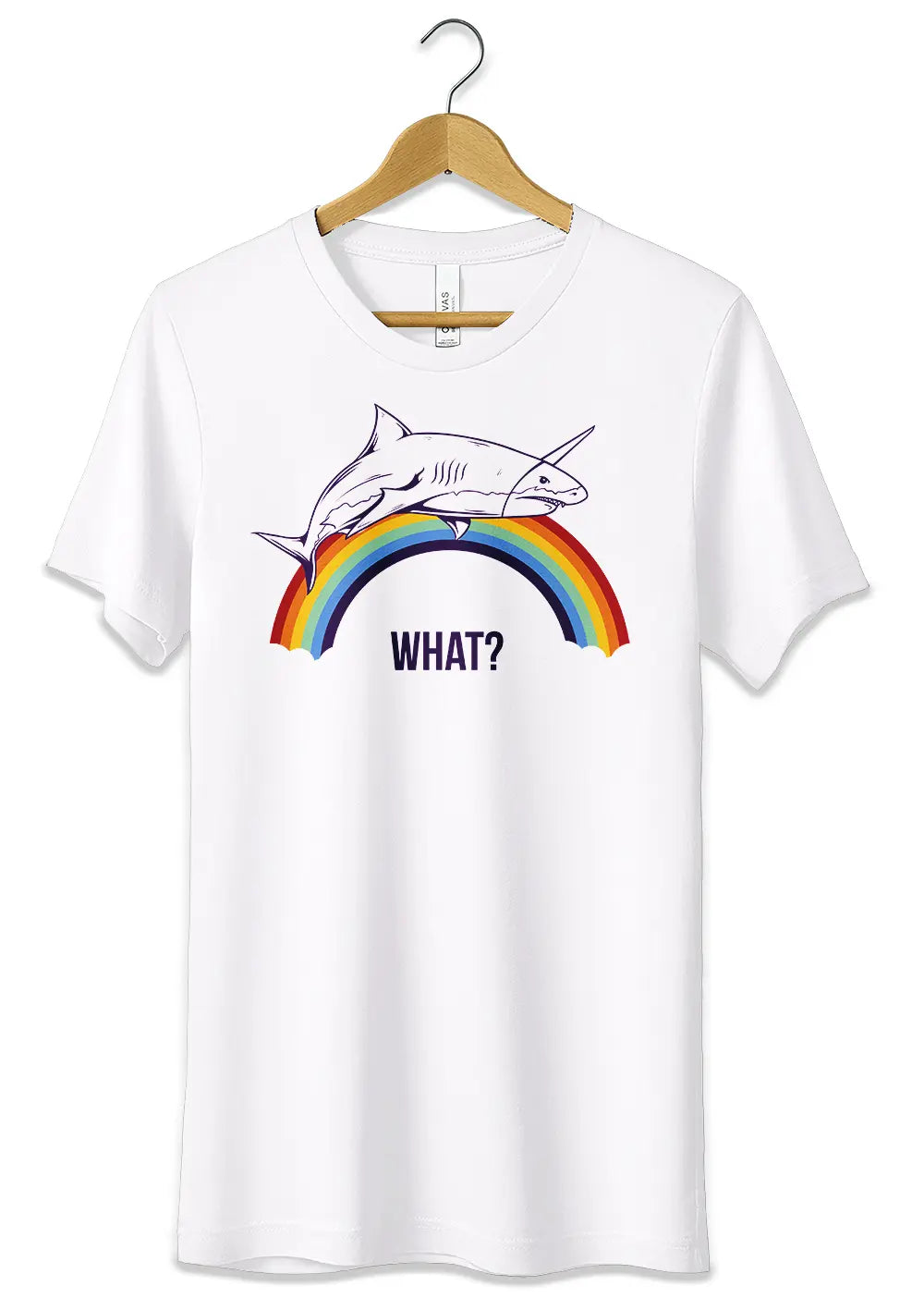 T-Shirt Maglietta Divertente What? Squalo Arcobaleno Unicorno